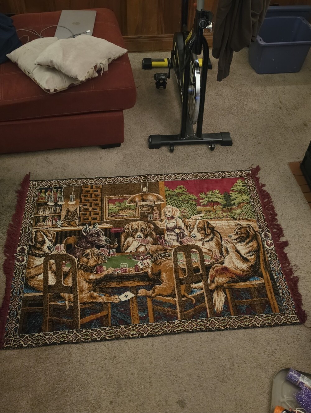 Dogs Playing Poker Tapestry Vintage Woven Wall Hanging Novelty 57" x 39" Fringe
